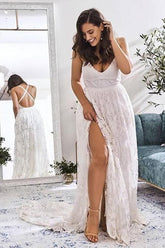 ace A-line V-neck Cross Back Wedding Dresses with High Slit
